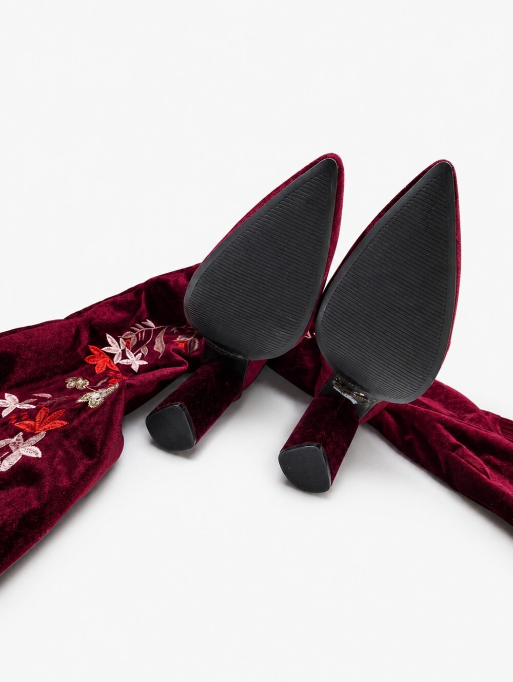 QUPID | Burgundy Velvet Embroidered Thigh High Boots Floral Block Heel Statement - Picture 4 of 6